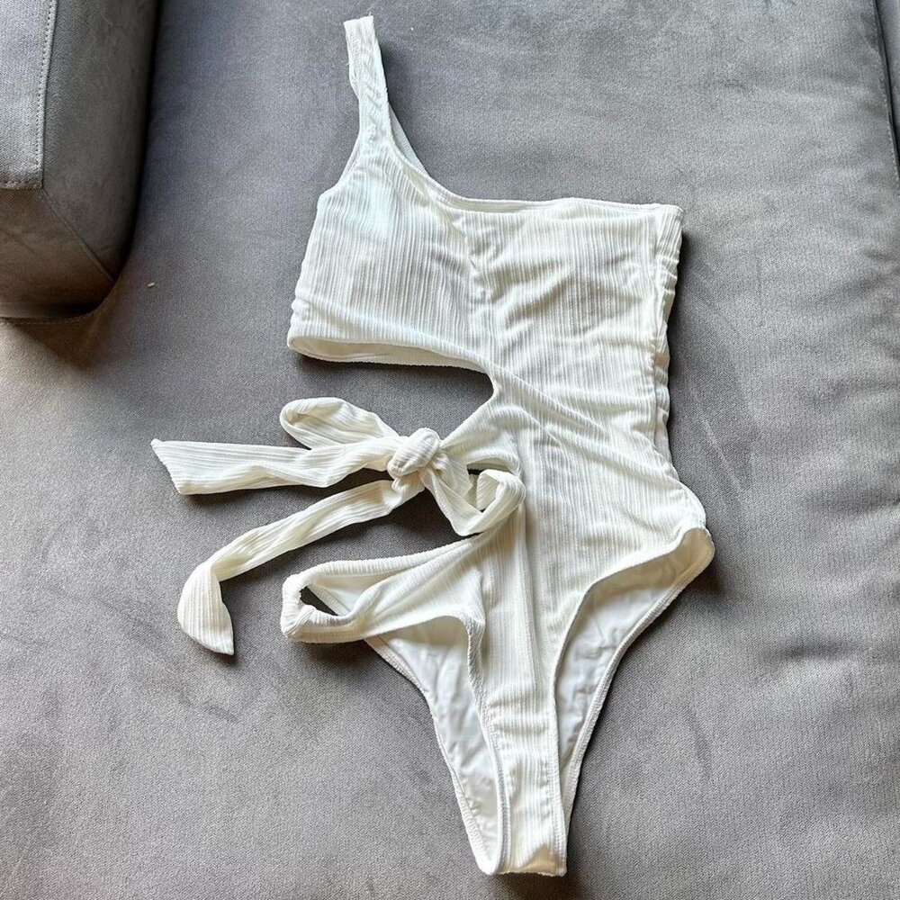 Just Add Water White Ribbed One-Shoulder Side-Tie Swimsuit - Size Small